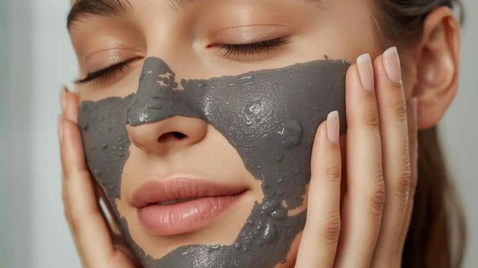 A woman applies the gray Wishful Yo Detox charcoal face and body enzyme scrub to her face, highlighting its purifying texture for deep cleansing and glowing skin.