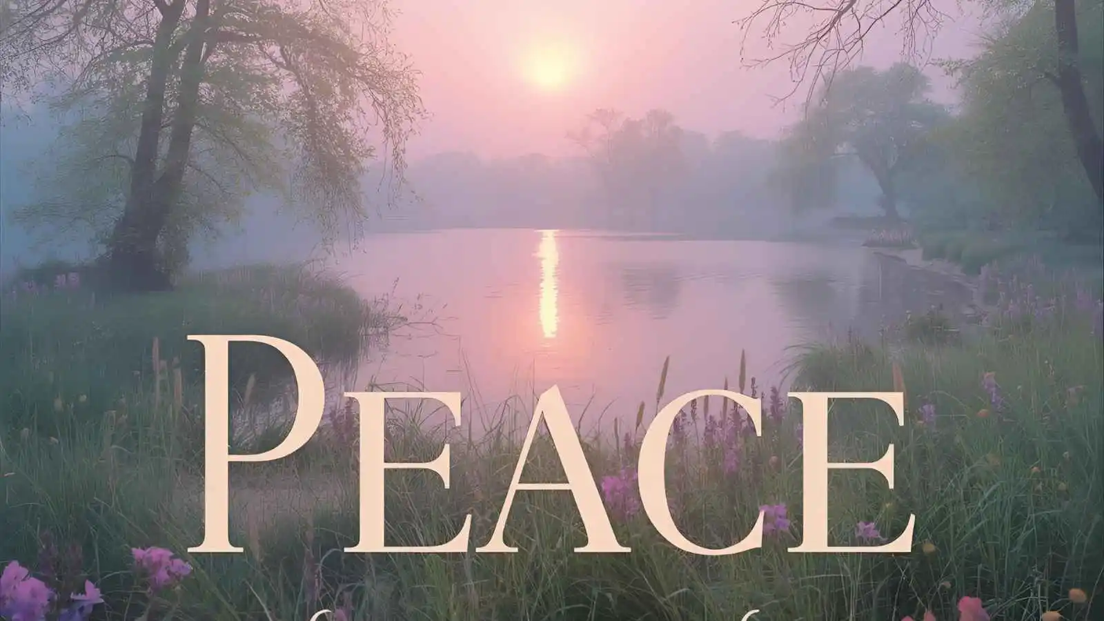 A calm sunrise over a peaceful lake, symbolizing peace and tranquility.