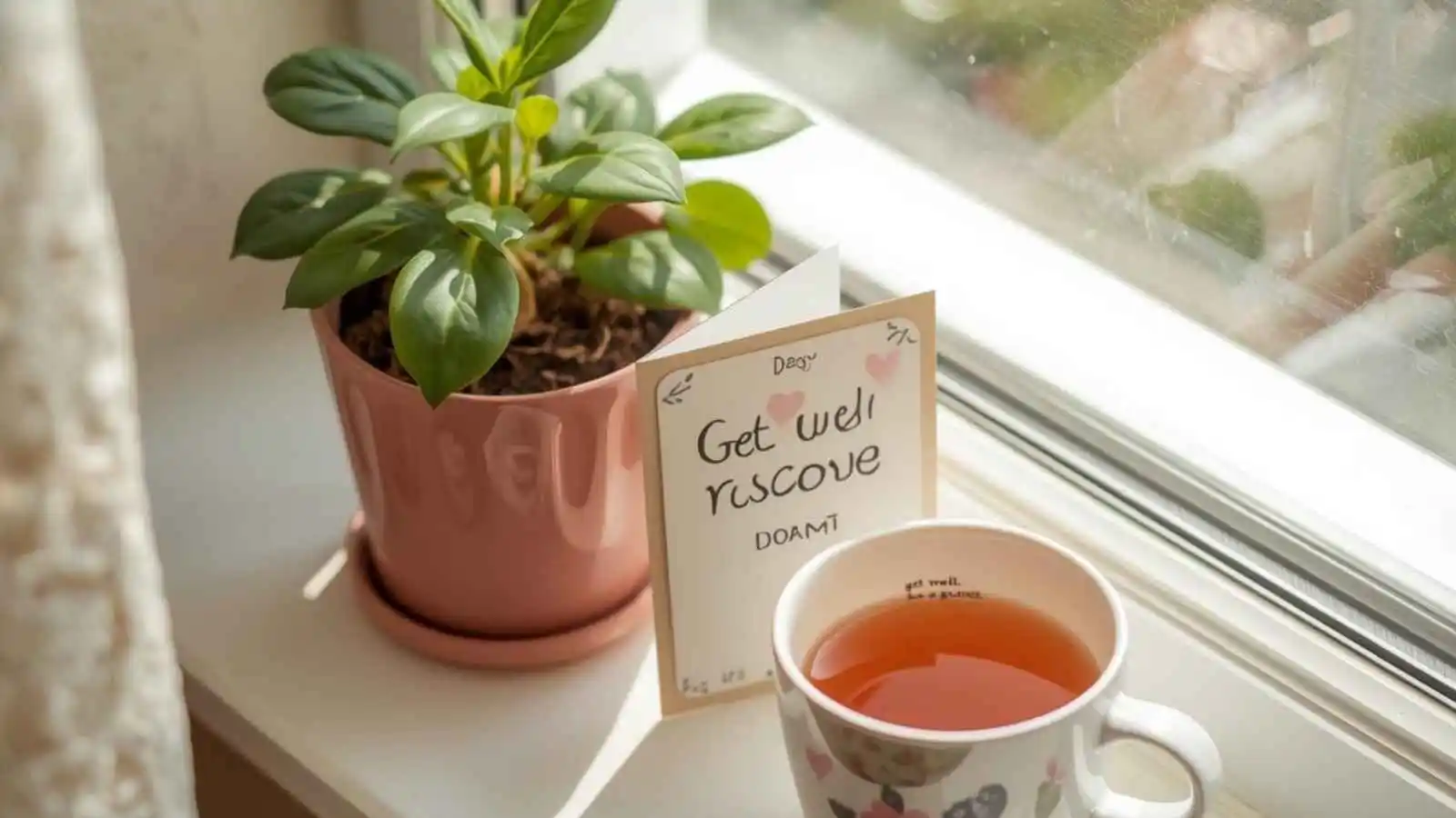 A get well soon card and a warm drink on a sunny windowsill, symbolizing comfort and healing wishes.