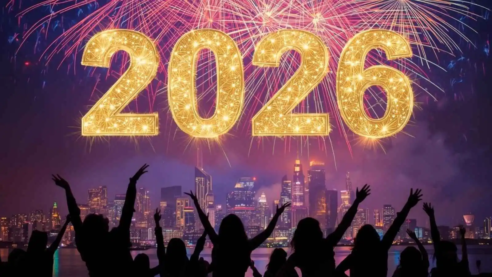 Fireworks bursting over city at midnight welcoming 2026 with confident cheers and bold energy.