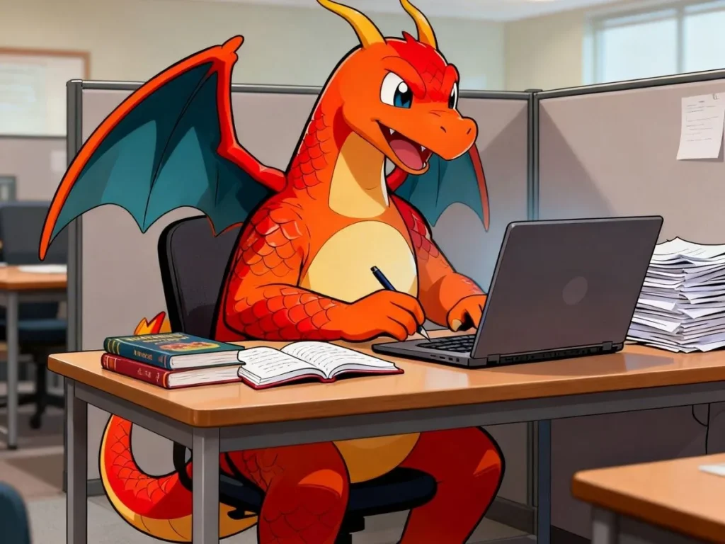 An office desk with an open plain book, a blank notebook, a pencil, blank sticky notes, and a coffee mug in bright daylight.