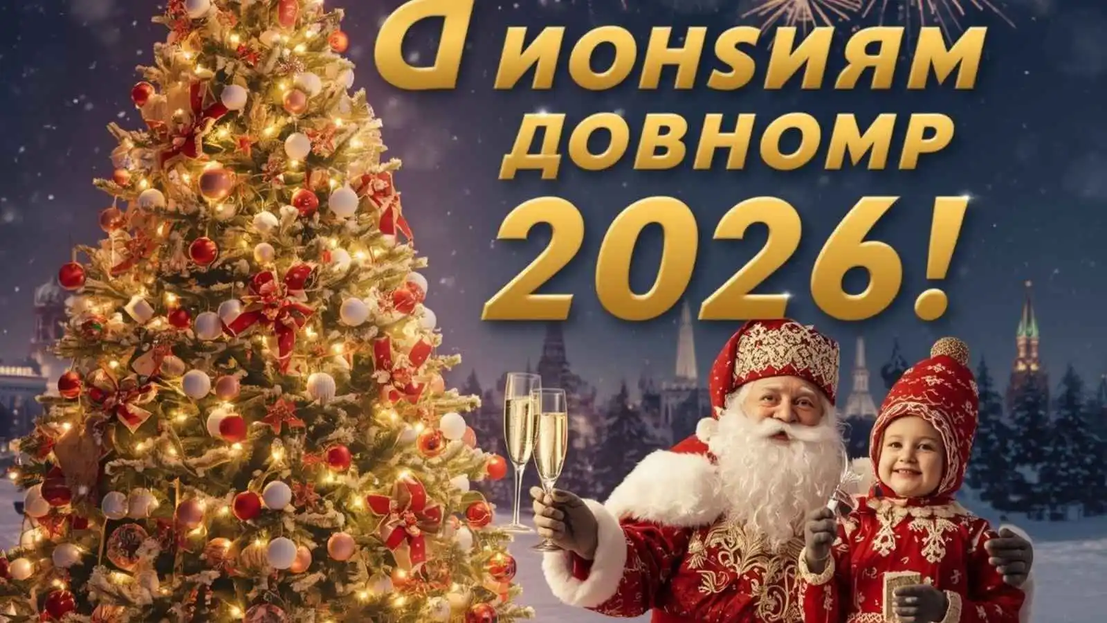 Festive Russian New Year celebration with yolka tree, fireworks, Ded Moroz, and "С Новым Годом 2026!" text in golden Cyrillic letters against a snowy night sky.