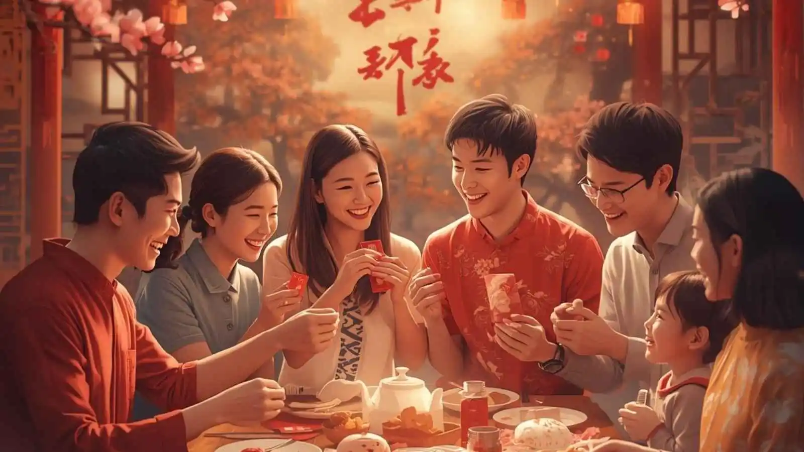 Vietnamese family celebrating Tet Lunar New Year with blossoms, red envelopes, and happy greetings.