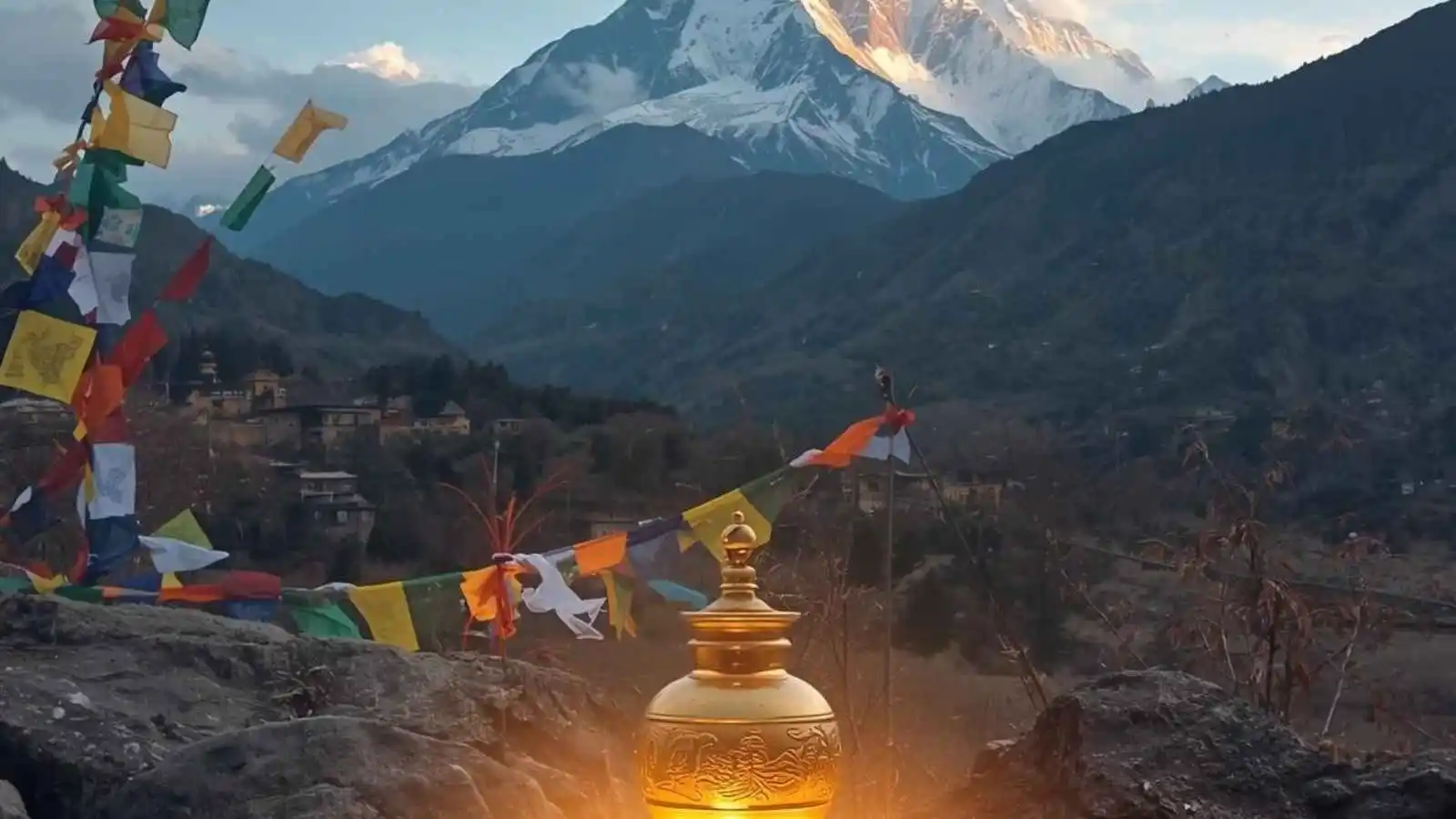 Serene Mount Kailash with prayer flags and wish-fulfilling vase altar in Bon tradition style