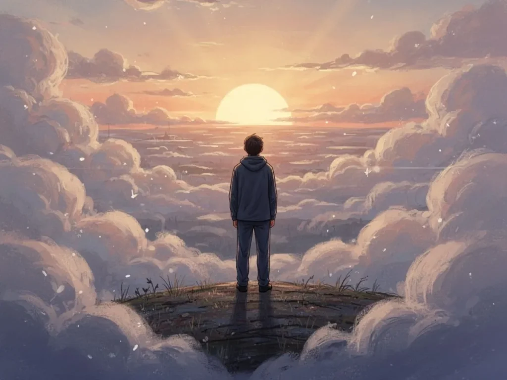 An open blank notebook and two blank postcards sit on a tidy desk in a softly lit home study nook.