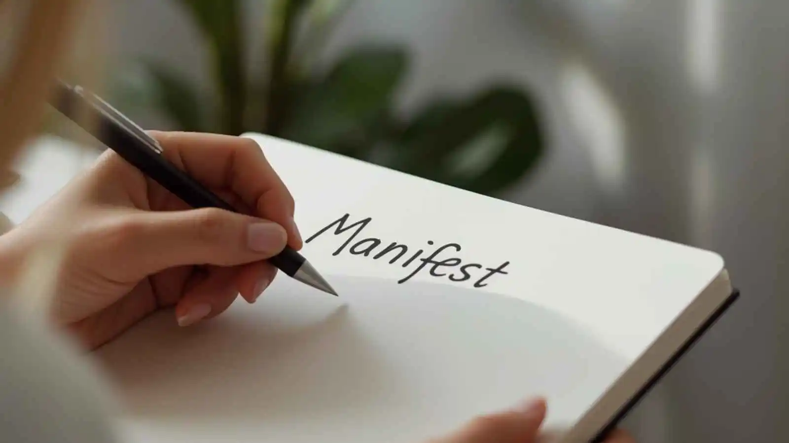 A person writes the word Manifest in a notebook, symbolizing definition and intention.