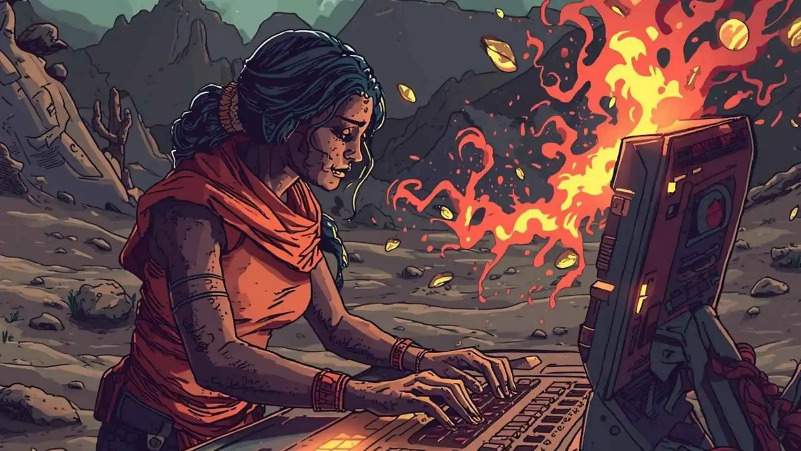 Mutant using wish console in Caves of Qud wasteland with spawning effects