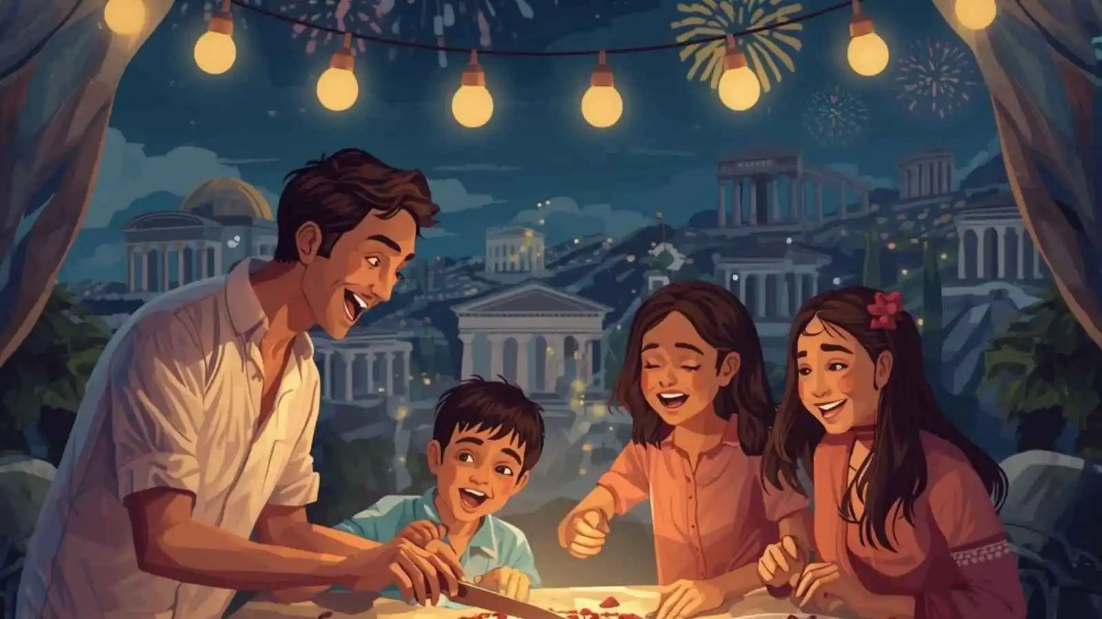 Greek family celebrating New Year 2026 with vasilopita cake, pomegranate, and "Καλή Χρονιά" text overlay in elegant script.