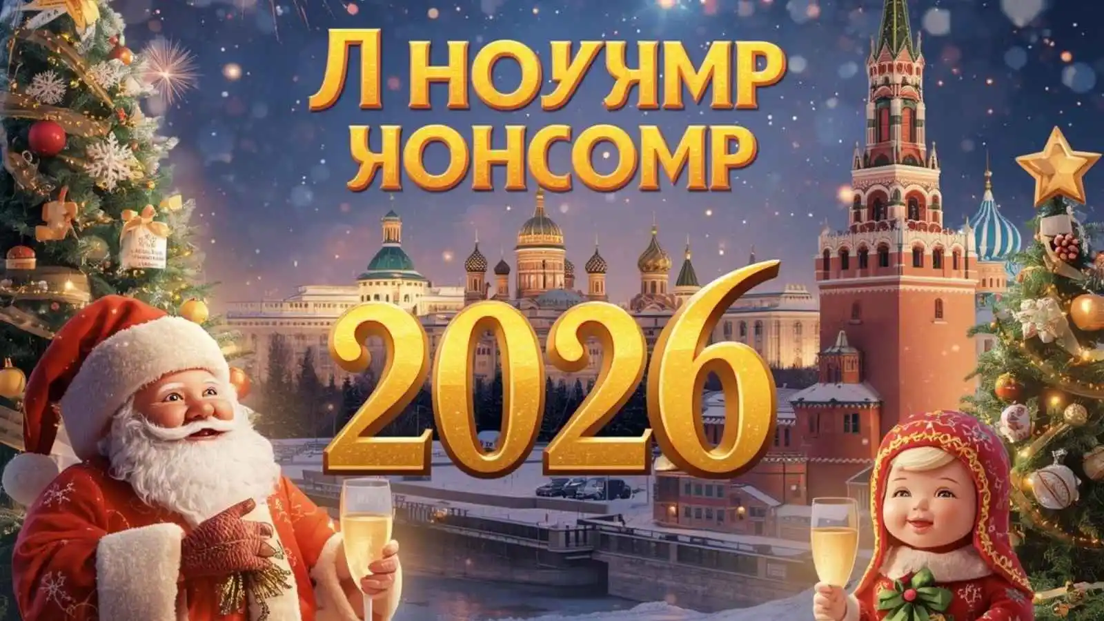 Festive Russian New Year 2026 illustration featuring "С Новым Годом!" in gold Cyrillic, fireworks, Ded Moroz, Snegurochka, and snowy Kremlin backdrop.