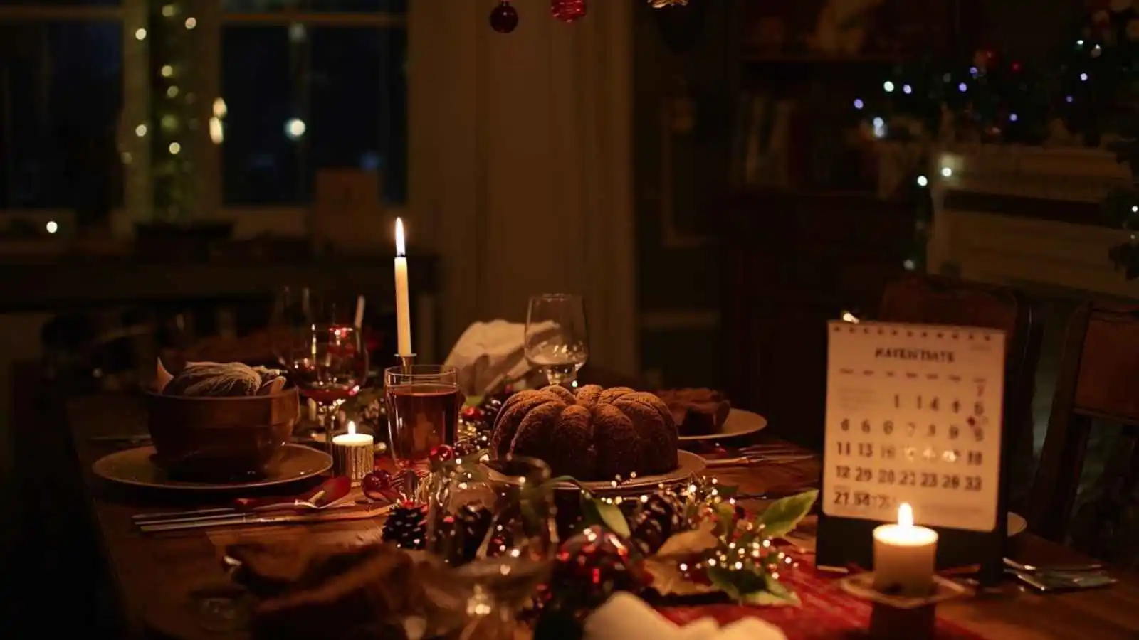 Italian holiday table with Christmas treats and New Year wishes