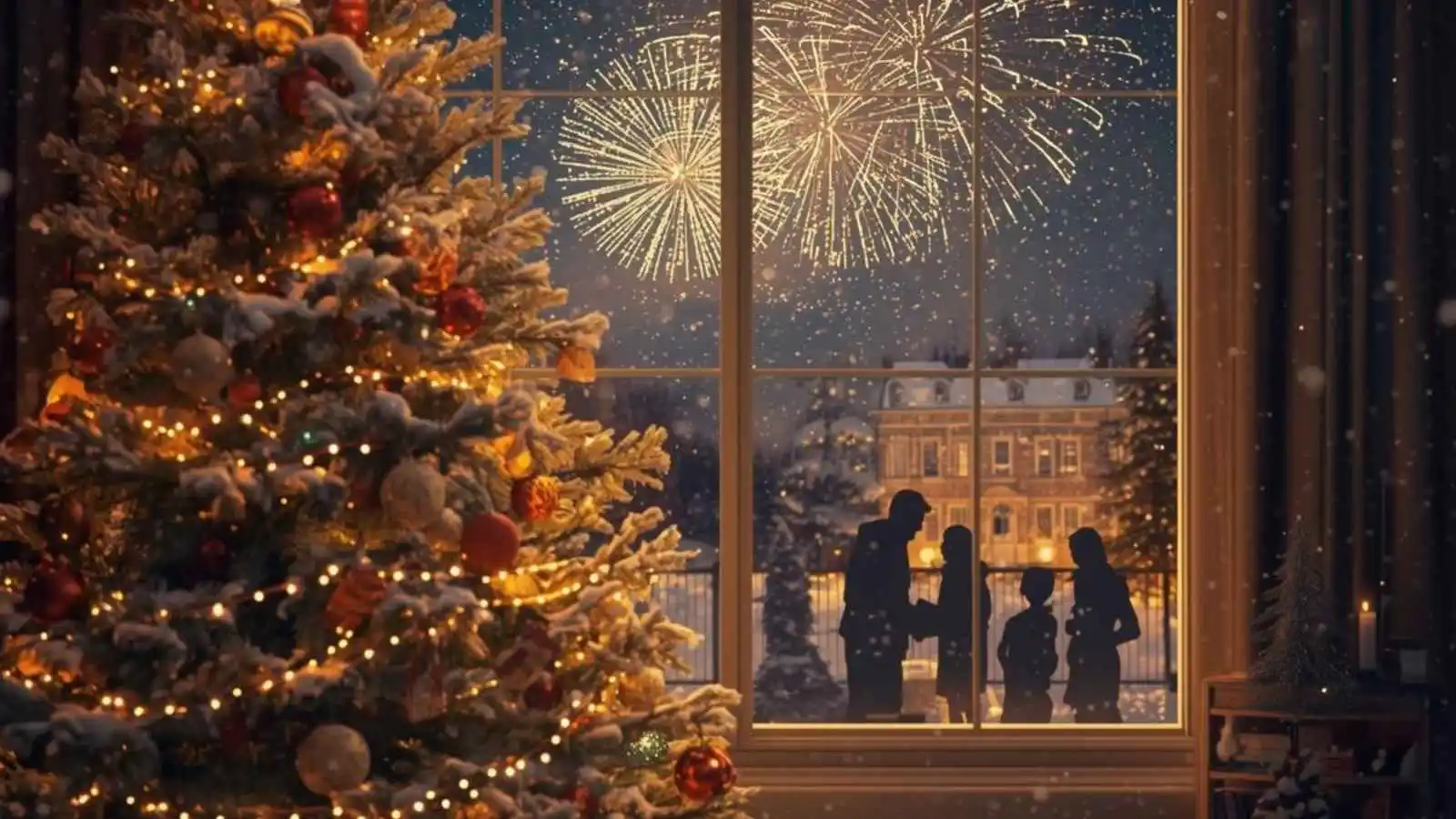 Cozy Christmas tree and New Year fireworks view spreading holiday warmth and joy