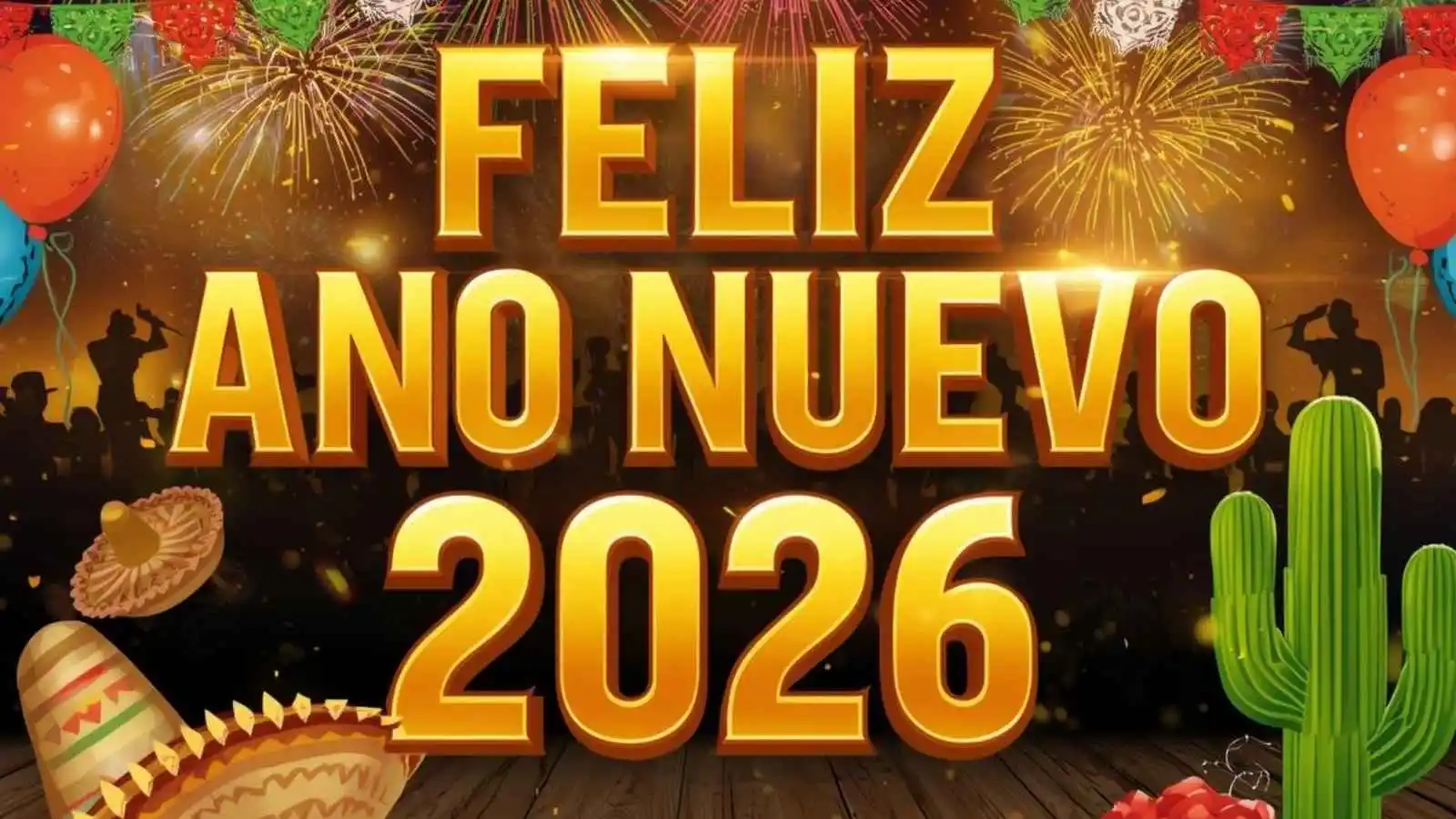 "Vibrant Mexican Happy New Year 2026 illustration with 'Feliz Año Nuevo' text, colorful papel picado banners, fireworks, sombrero, maracas, and traditional festive elements in green, white, and red colors."