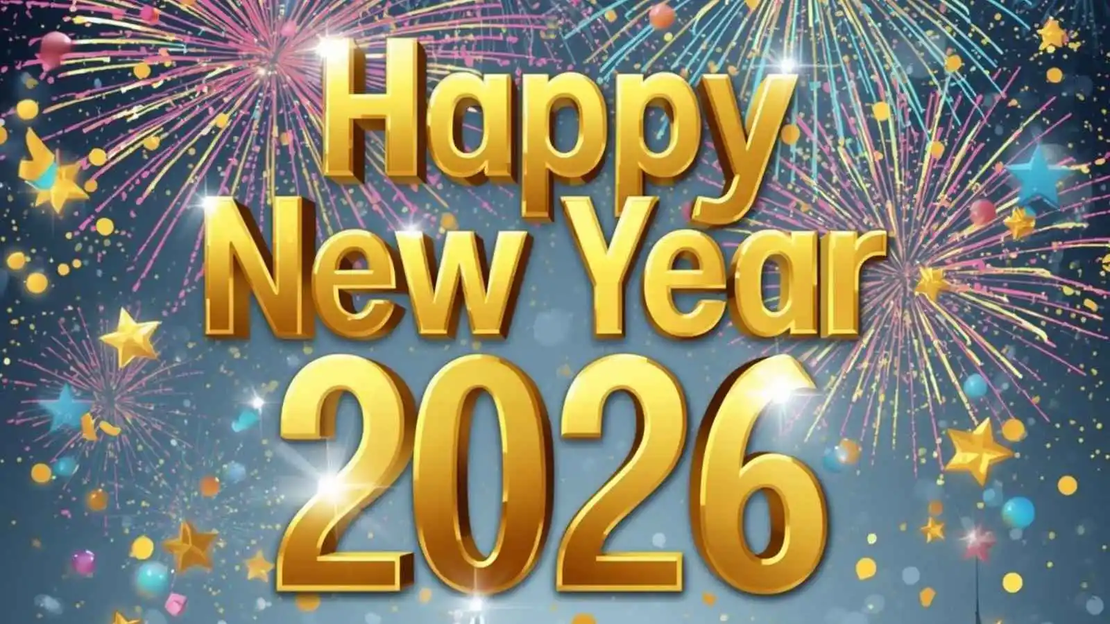 Fireworks and golden Happy New Year 2026 text PNG transparent graphic