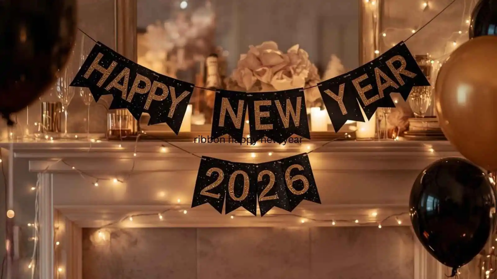 Festive Happy New Year 2026 printable banner hanging at a home celebration with glitter details