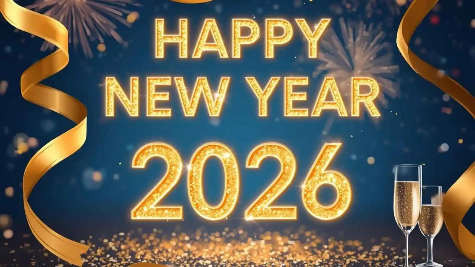 (Festive golden ribbons with Happy New Year 2026 text, confetti, and fireworks for celebration)