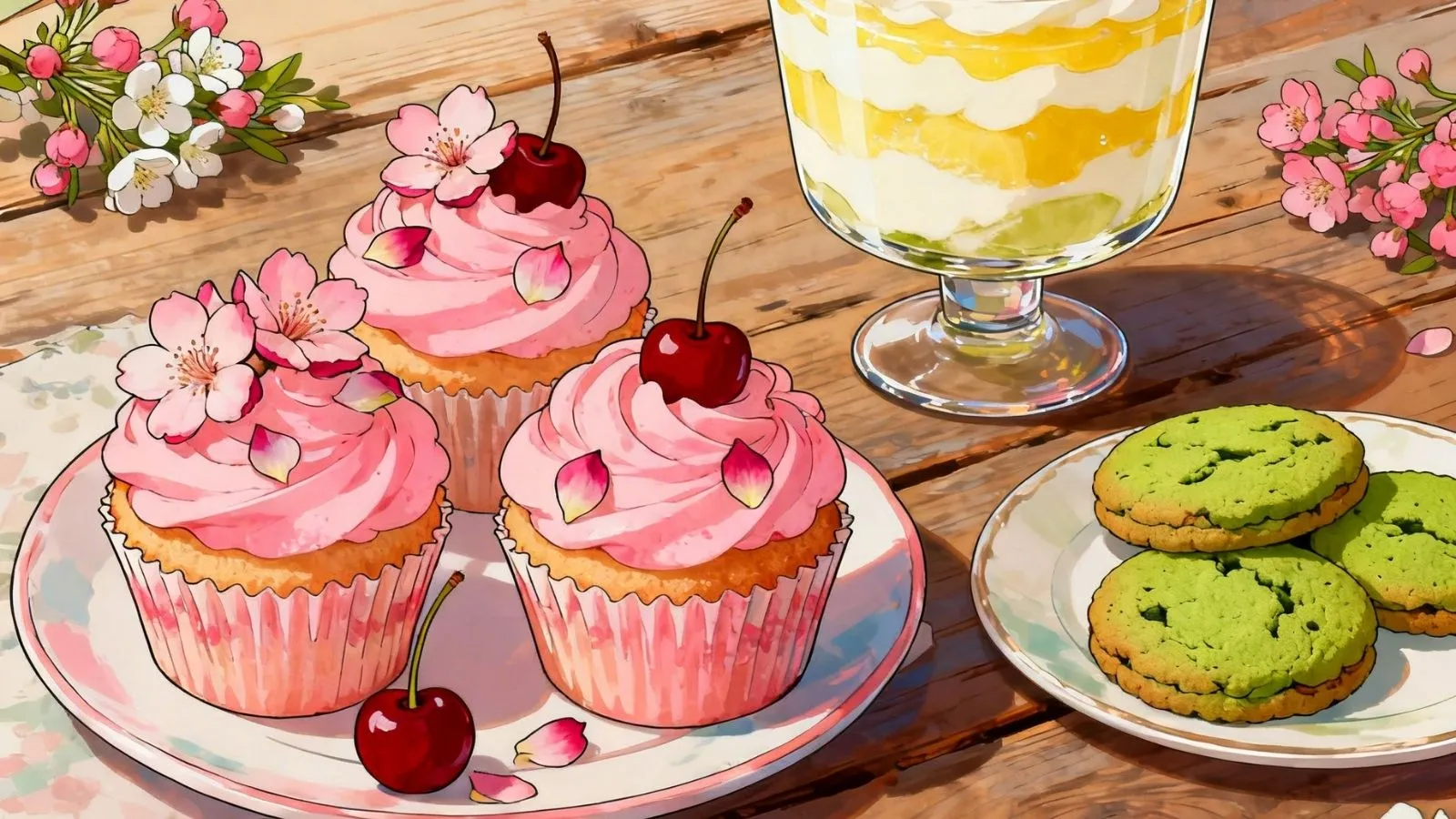 A bright kitchen table set with assorted desserts on plates with soft natural light.