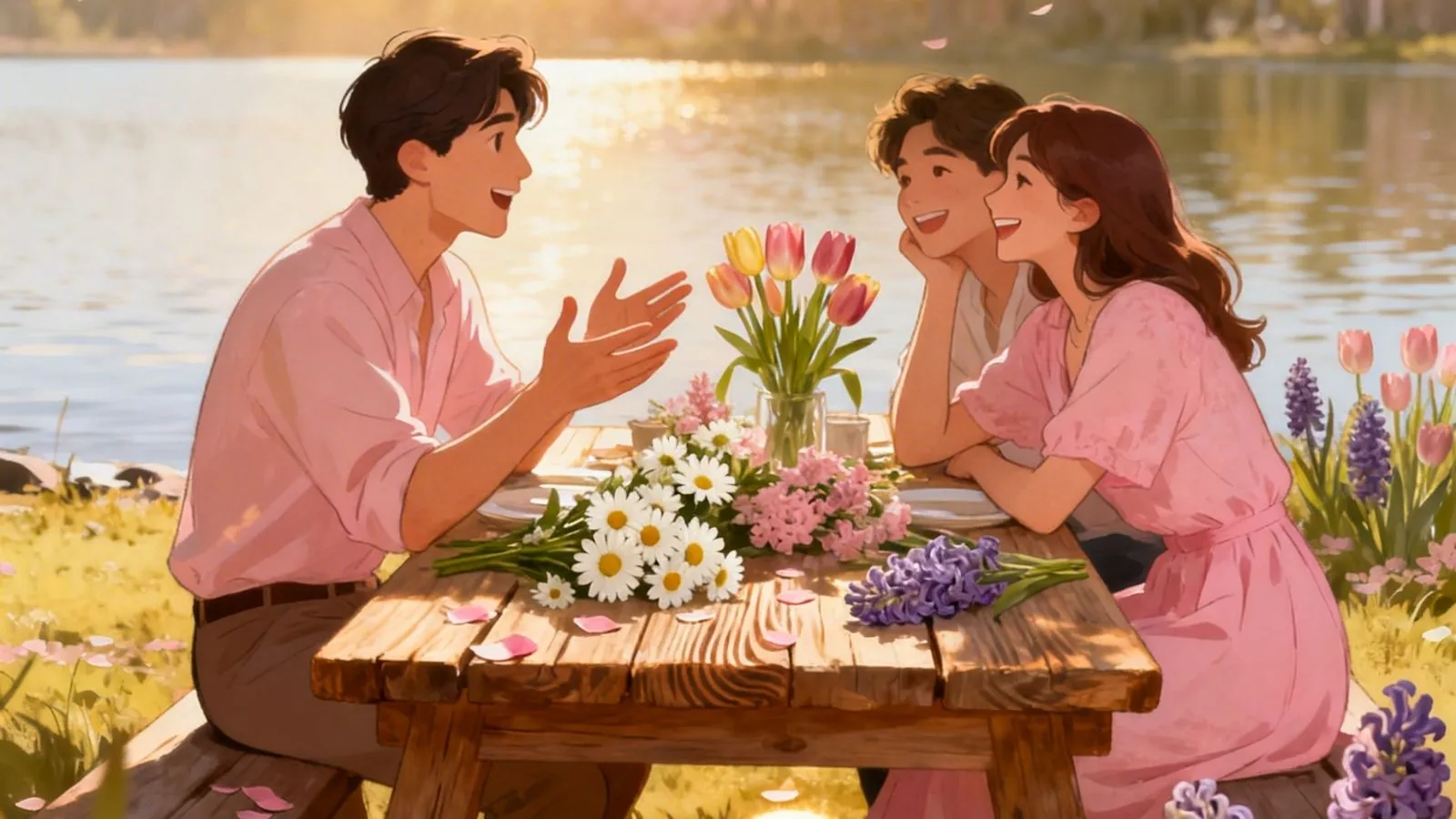 A picnic blanket with simple snacks and a basket in a sunny park on an early spring day.