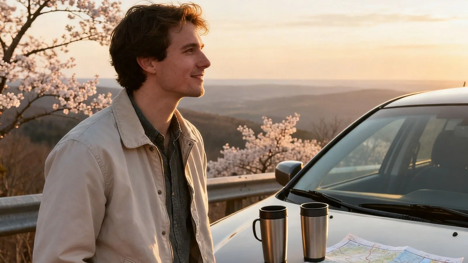 A car parked at a spring scenic overlook with blooming trees and sunlight in the distance. **Caption:**March road trips are all about fresh air, scenic stops, and new-season energy.