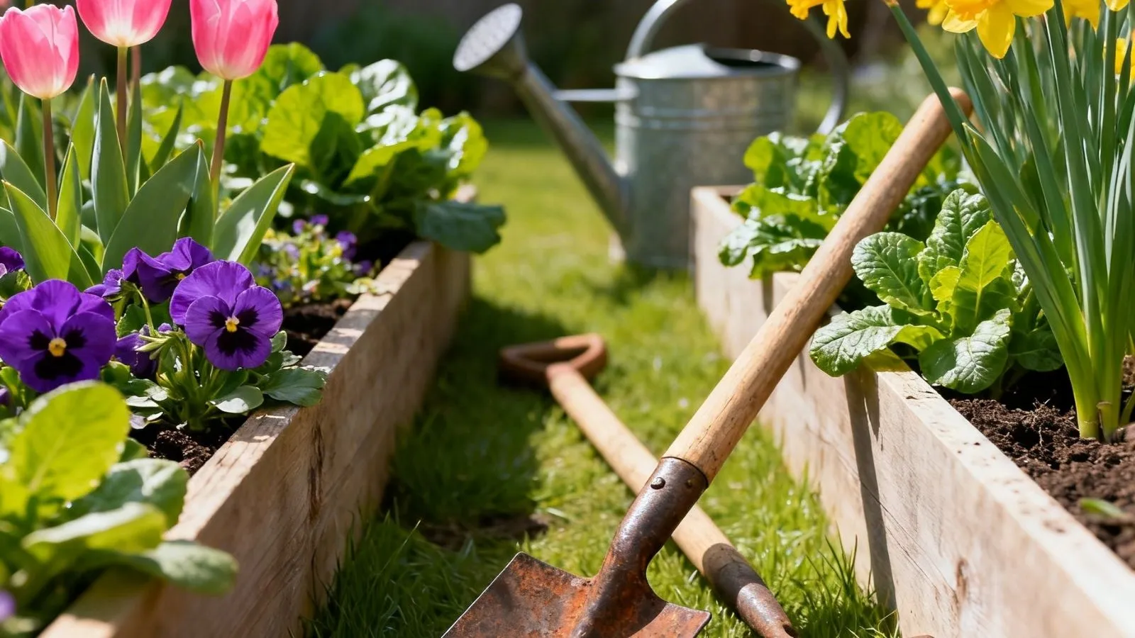 Person planting flowers in a sunny backyard garden with fresh soil, blooming plants, and spring greenery.