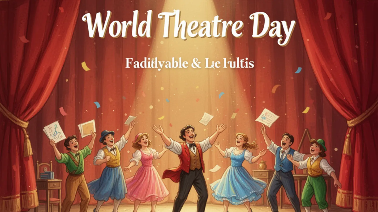 A warmly lit theatre with empty seats facing a closed curtain under a spotlight.