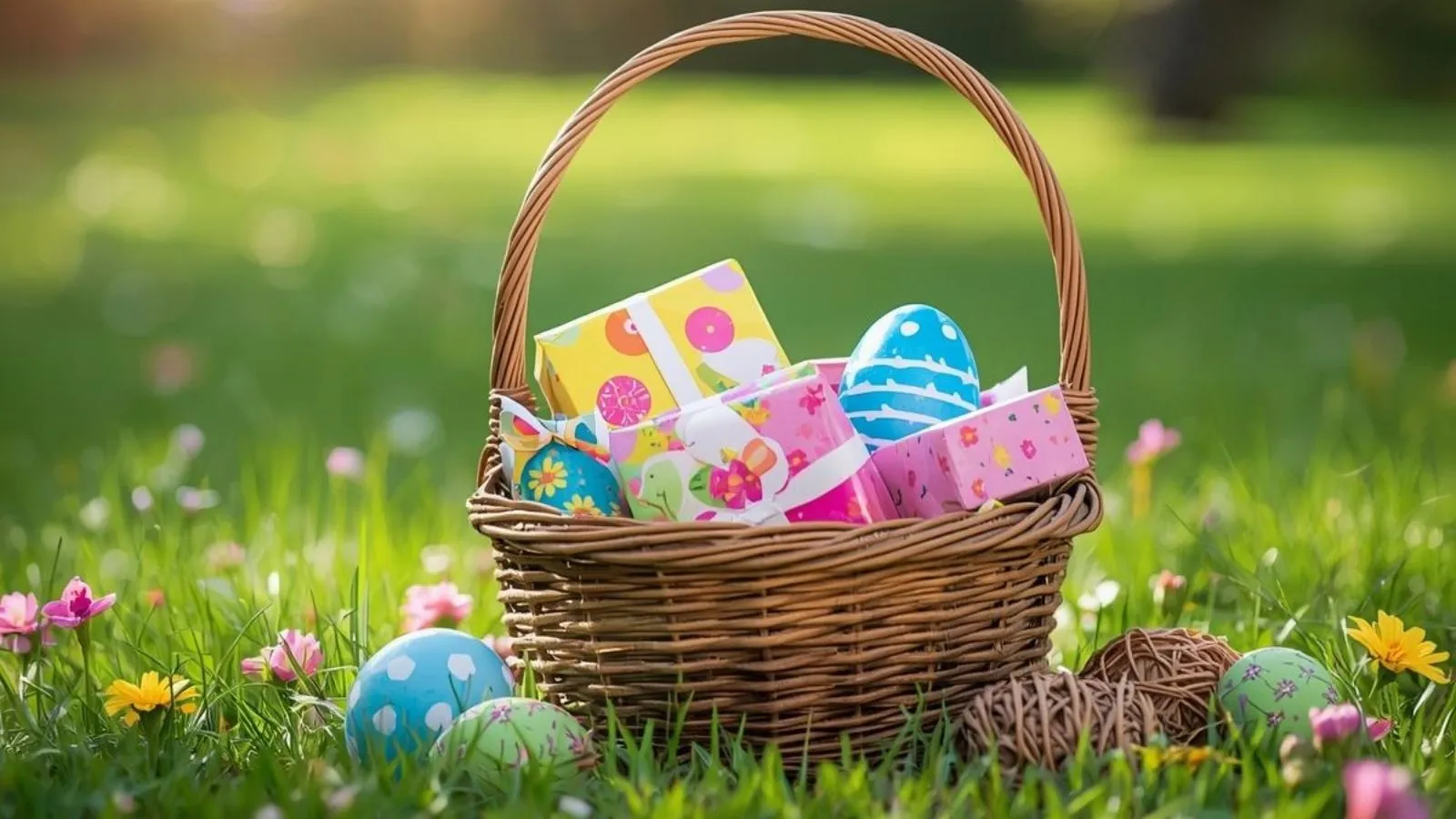 A note card sits beside an Easter basket filled with pastel eggs and wrapped treats on a table.