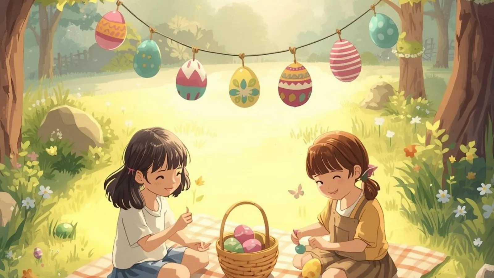 A colorful kids’ craft table with painted eggs and a paper bunny craft.