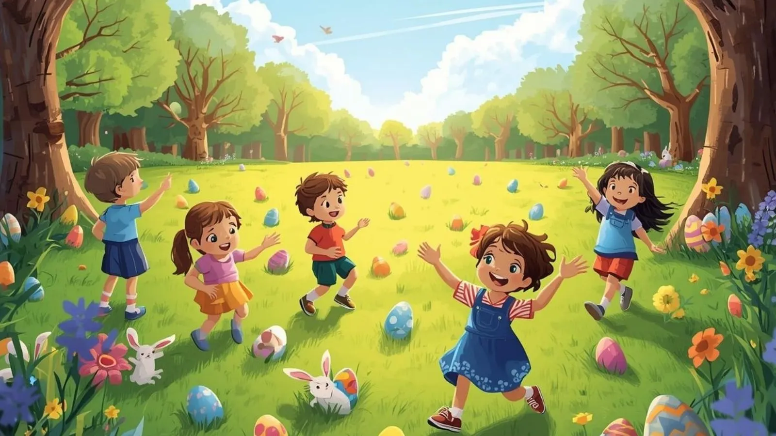 A woven basket beside pastel Easter eggs on a wooden table in soft daylight.